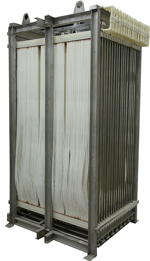 Bundle of PVDF hollow fiber membranes showing the hair-thin tubes through which gas or liquid permeates